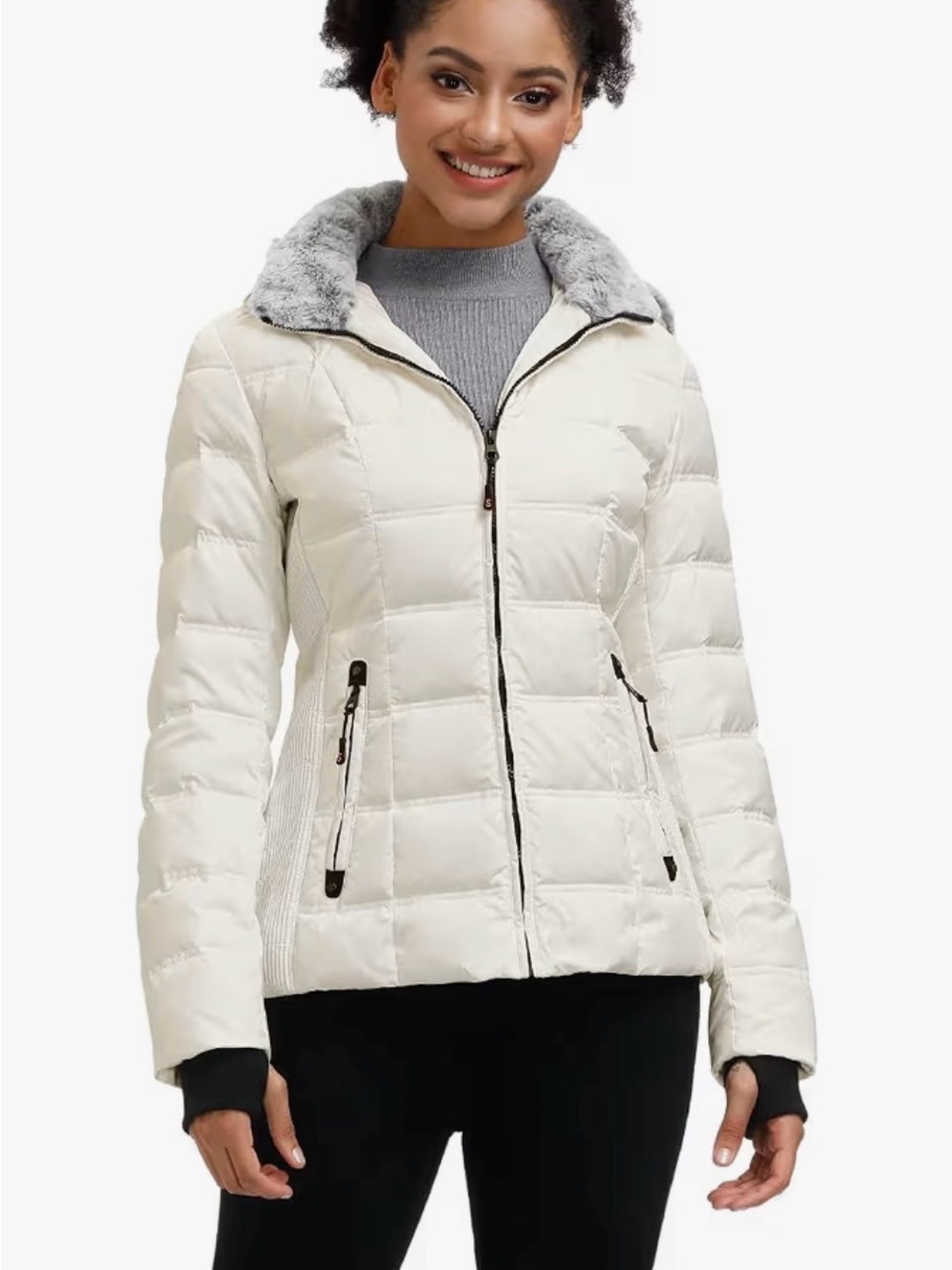 Women's Cream Quilted Puffer Jacket with Faux-Fur Collar